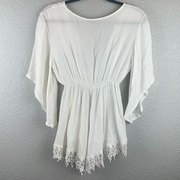 Womens Stretch Deep V-Neck 3/4 Sleeve Lace Trim Romper White Medium - Picture 2 of 7